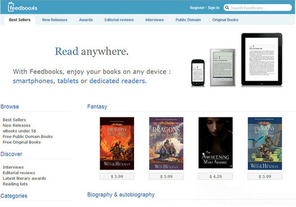 FeedBooks:在线电子书分享平台：www.feedbooks.com