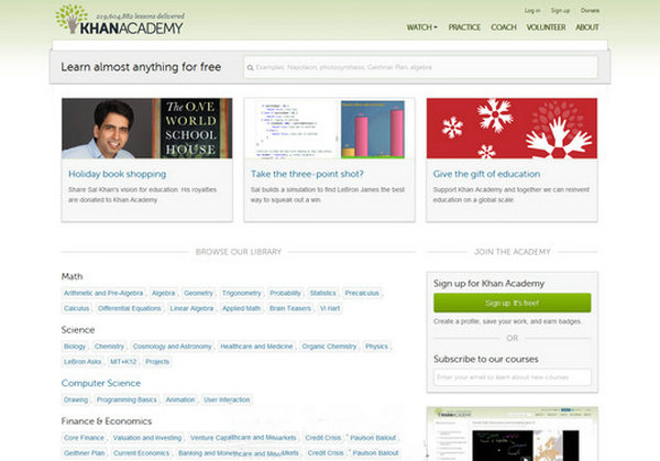 Khanacademy:可汗学院公开课官方网站：www.khanacademy.org