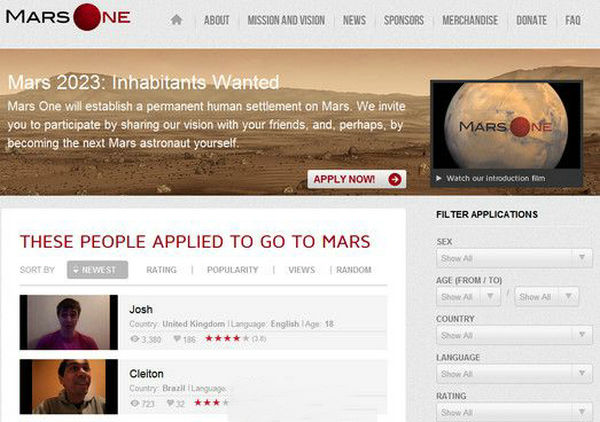 Mars-One:荷兰非营利组织火星一号官网：www.mars-one.com